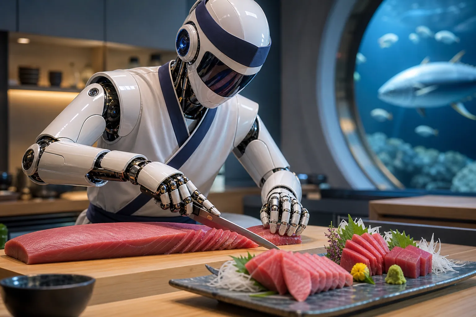 Üçqollu Sashimi-Bot balığı peşəkar kimi doğramağı və servis etməyi öyrənir
